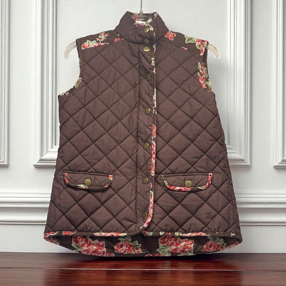 Matilda Jane Quilted Sydney Vest Reversable Womens Size XS Brown Floral
